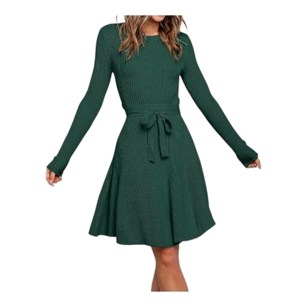 ANRABESS Women's Knit Long Sleeve Midi Dress Crewneck Tie Waist A-Line Swing Cas